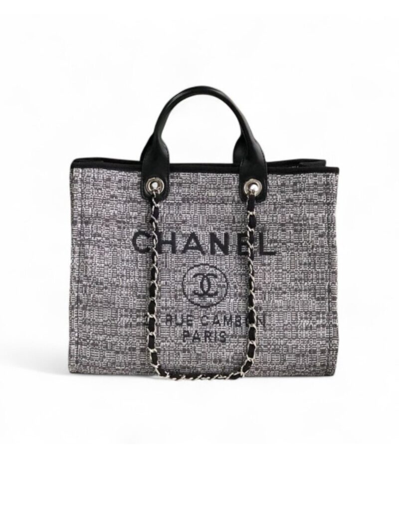 Chanel Deauville Tote Raffia Canvas Bag Black/White For Women 14.9in/38cm